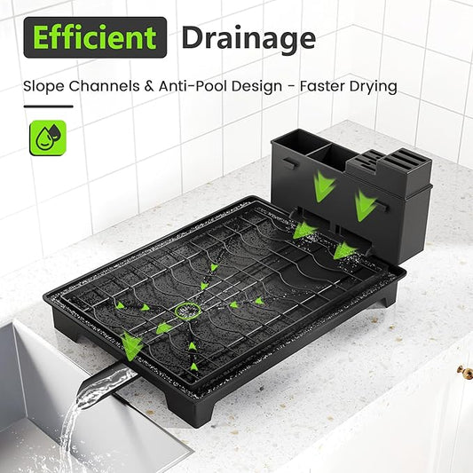 HomeCurated 2-Tier Foldable Dish Drying Rack with Drainboard, Stainless Steel Large Capacity Kitchen Counter Organizer with Cup Holder, Utensil & Cutting Board Storage, No Assembly Required, Black