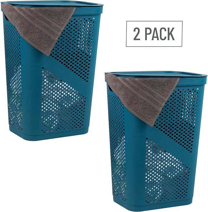 Mind Reader 60L Slim Laundry Hamper, Clothes Basket, Lid, Ventilated, Plastic, Set of 2, Blue