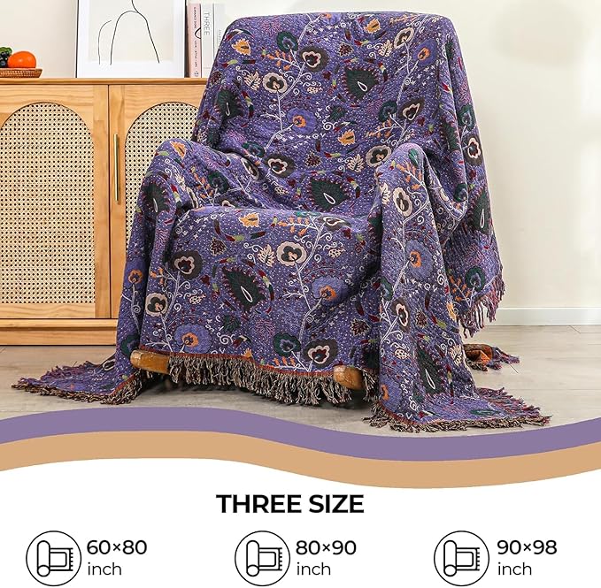 Boho Fall Throw Blanket for Bed Purple Flowers,100% Ultra Cotton Soft Breathable Bed Throw Floral Printed Farmhouse Decor Rustic Bed Throws for Couch Sofa Quilt 80" x 90"