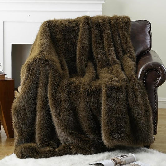 BATTILO HOME Luxury Fluffy Olive Green Faux Fur Throw Blanket, Cozy Warm Fur Blanket for Couch, Sofa, Chair, Bed, Plush Fuzzy Fur Throws with Long Pile, 50"x60"