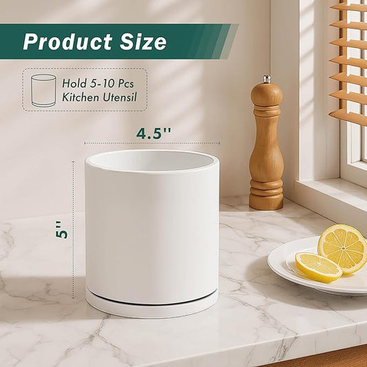 D'vine Dev 360° Rotating Utensil Holder – 5" Kitchen Utensil Crock for Countertop, Modern Cooking Tool Organizer for Kitchen Storage & Décor, White, 72-X-A-1