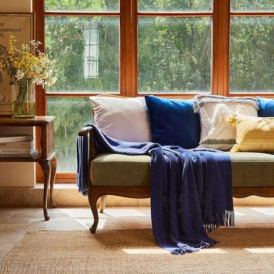 lifein Throw Blanket for Couch, Soft Boho Decor Bed Throw,Cozy Blue Chenille Knitted Small Farmhouse Lightweight Throw (Blue,50 * 60")