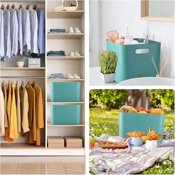 Hoolerry 8 Pieces Colorful Storage Bins with Lid, Plastic Storage Basket Organizing Container Stackable Box with Handle for Shelves Desktop Playroom Office(10.2 x 7 x 6.3 Inch,Green)