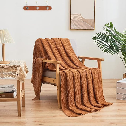 Longhui bedding Burnt Orange Knitted Throw Blanket for Couch, Soft, Cozy Machine Washable 100% Cotton Sofa Knit Blankets, Heavy 3.0lb Weight, 51 x 63 Inches, Laundry Bag Included