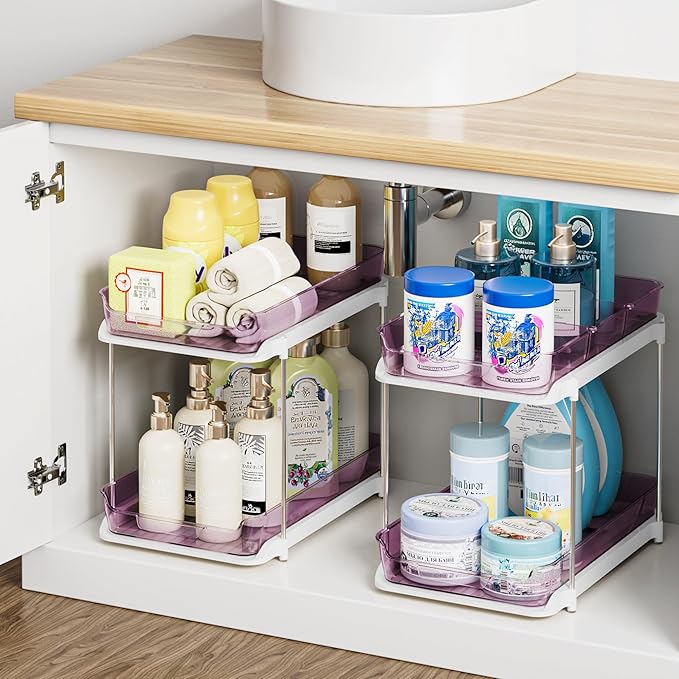 Delamu 2-Tier Multi-Purpose Bathroom Under Sink Organizers and Storage, Stackable Kitchen Pantry Organization, Pull Out Medicine Cabinet Organizer with Movable Dividers, Purple, 2 Pack