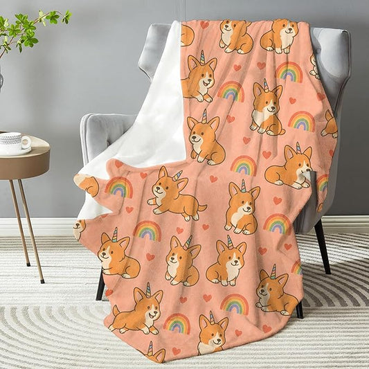 Unicorn Corgi & Rainbow Blanket - Plush, Soft, Comfy, Lightweight, Warm, Fuzzy, Cozy Flannel Throw Blanket for Couch, Travel, Bed, Office, Outdoor - 50in×60in