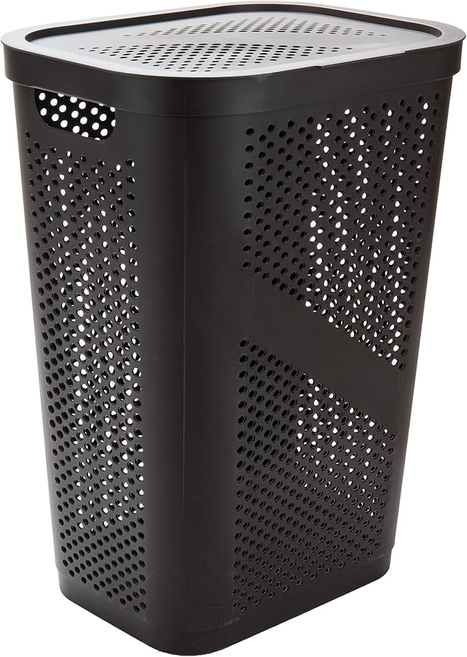 Mind Reader Slim Laundry Hamper with Lid, 60L Clothes Basket, Ventilated Plastic, Brown