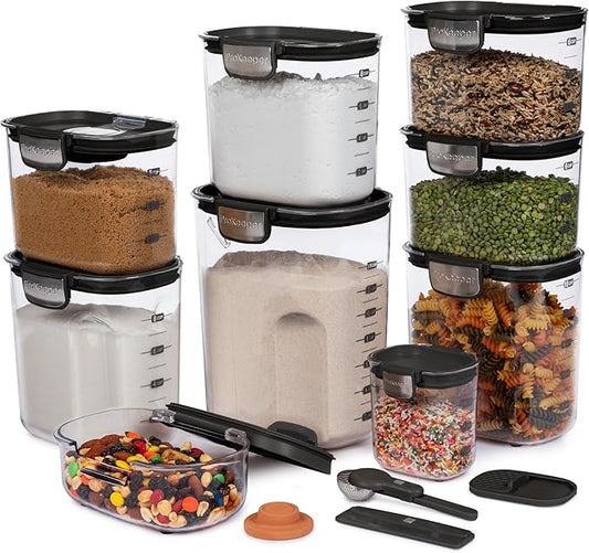 ProKeeper+ Airtight Food Storage Container Set – Clear Plastic Flour and Sugar Canister Set with Magnetic Accessories for Kitchen Organization (Black, 13-Piece)