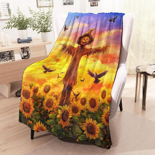 wyxdwh Pumpkin Scarecrow Sunflower Blanket, Cozy Flannel Golden Sunflower Field Throw for Couch Outdoor, Plush Soft Lightweight Travel Blankets for Bed Decor and Gifts, for Women Adults Kids 40"x50"