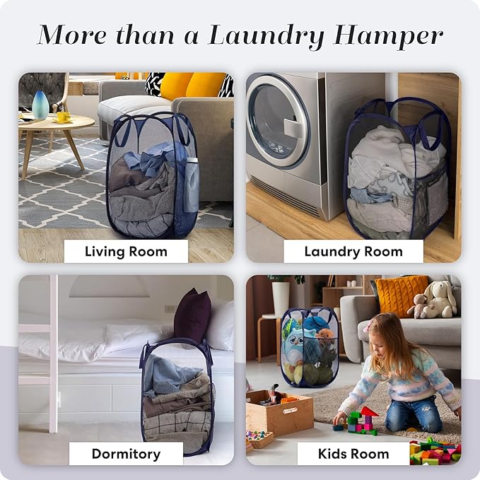 Handy Laundry Collapsible Mesh Foldable Hamper 14" x 14' x 24" Navy Blue