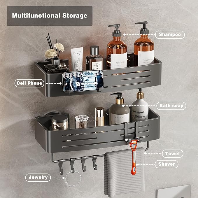 Voldra Shower Caddy Suction Cup, 3 Pack Shower Shelves for Inside Shower No Drilling, Aluminum Suction Showers Organizer with Towel Bar & Hooks Removable Bathroom Shelf Storage Rack(Gray)
