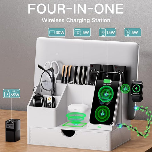 Sleek White PU Leather Charging Station with Drawer - 6-in-1 Multi-Device Desktop Organizer Docking Hub for iPad, Tablet, Laptop, Phone, Watch, Office Home Gift Idea