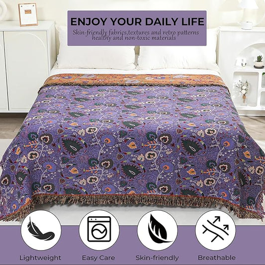 Boho Fall Throw Blanket for Bed Purple Flowers,100% Ultra Cotton Soft Breathable Bed Throw Floral Printed Farmhouse Decor Rustic Bed Throws for Couch Sofa Quilt 90" x 98"