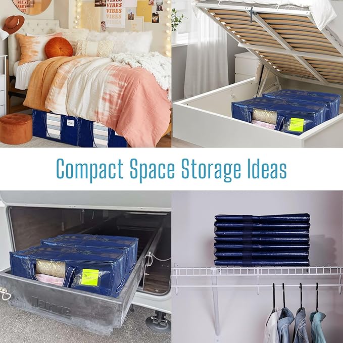 VENO 2 Pack Moving Bags, Christmas Storage Bins, Moving Boxes Alternative, Comforter and Blanket Storage Bags, College Dorm Packing Supplies, Foldable Heavy-Duty Tote with Window (Blue, 2 Pack)