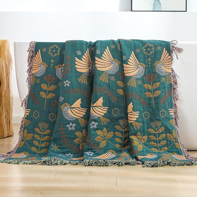 Boho Throw Blanket for Couch 100% Cotton Organic Ultra Soft Breathable Rustic Quilt 50" x 60" Birds and Floral Throw for Sofa Chair Bed Couch Chair