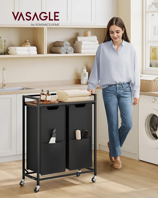 VASAGLE Laundry Sorter, 29 Gal. (110 L) Laundry Hamper Basket with 2 Compartments, Rolling Cart with Wheels, Shelf, Removable Bags, Pockets, Ink Black and Rustic Brown UBLH021B01