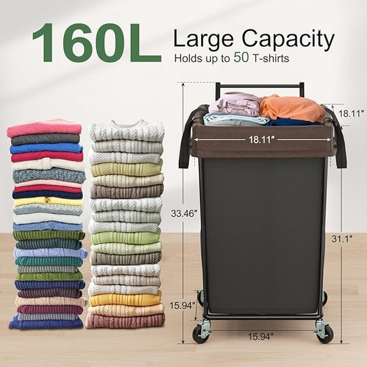 Mefirt 160L Laundry Hamper with Wheels and Handle, 2 Section Large Rolling Laundry Basket Bag with Wheels, Clothes Hamper Cart for Laundry, Bedroom, Bathroom and Dorm
