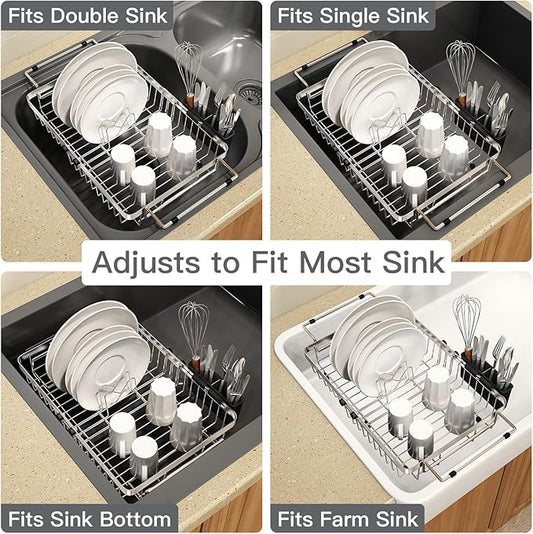 Small Expandable Over The Sink Dish Drainer Drying Rack In Stainless Steel Metal For Kitchen, Counter Space Saving Compact Above Plate Dryer Strainer, Adjustable Hanging Inside Sink Wire Drain Holder