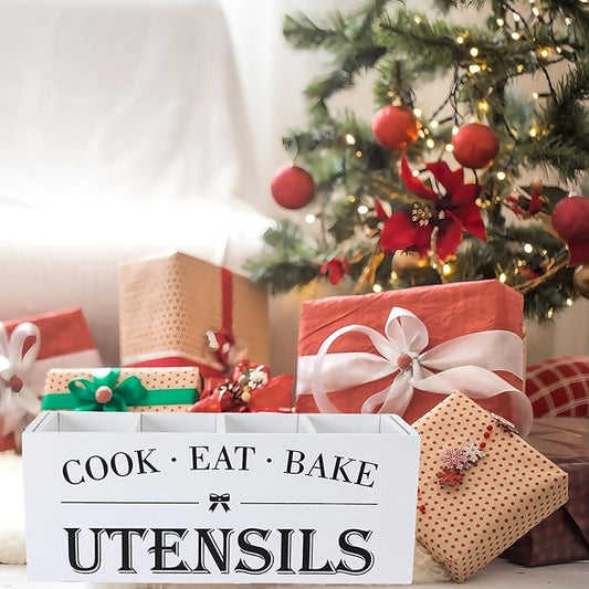 LIBODOUR Utensil Holder,Extra Large Wooden Utensil Holder For Kitchen Counter,Cooking Spatula Organizer,Big Storage Caddy With 4 Compartments Flatware Spoon Tool Cutlery(White)