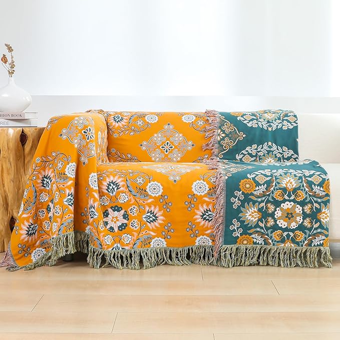 Boho Throw Blanket for Bed,100% Cotton Ultra Soft Lightweight Muslin 4-Layer Breathable Woven Throws 90''x 98'' Blanket Yellow Floral Printed Farmhouse Decor Bed Blankets