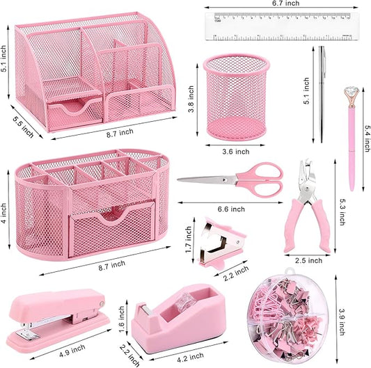 17 in 1 Pink Desk Organizers and Accessories Set, 3 Office Desk Supplies Storage Organization, 4 Pens, Stapler, Staples & Remover, Tape & Dispenser, Scissors, Ruler, Clips, Hole Punch, Back to School