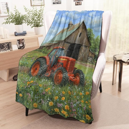 wyxdwh Red Tractor & Vintage Barn Blanket, Cozy Flannel Classic Farm Scene Throw Blanket for Couch Outdoor, Plush Soft Lightweight Travel Blankets for Bed Decor and Gifts, for Women Adults 40"x50"