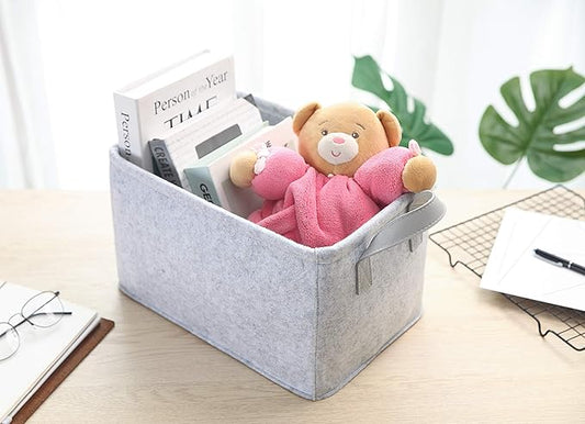 Minoisome Collapsible Storage Basket with Carry Handles Felt Fabric Storage Bin Durable Organizer for Gift Toys Shoes Clothes Towels Nursery Home Laundry Office Decorative Organizing Box(Light Grey)
