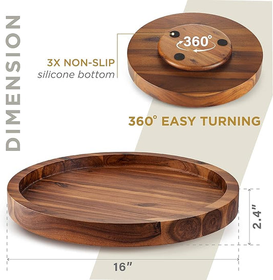 16" Acacia Wood Lazy Susan for Table Top - Wooden Turntable Serving Tray for Charcuterie Boards Cheese Board - Extra Large Black Round Lazy Susan Organizer - Kitchen Revolution for Cabinet