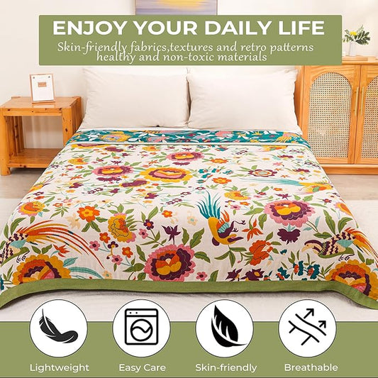 Boho Throw Blanket for Bed Couch Sofa,100% Cotton Ultra Soft Large Throw Blanket,Floral Bird Decor Bed Blankets 60"×80",Decorative Reversible Muslin Bed Cover for All Seasons