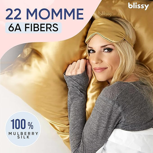 Blissy Silk Pillowcase - 100% Pure Mulberry Silk - 22 Momme 6A High-Grade Fibers - Silk Pillow Cover for Hair & Skin - Regular, Queen & King (Gold, Queen)