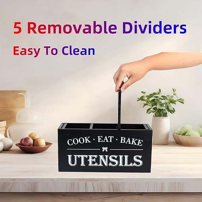 LIBODOUR Utensil Holder,Large Wooden Utensil Holder For Kitchen Counter,Cooking Spatula Organizer,Big Storage Caddy With 3 Compartments Flatware Spoon Tool Cutlery(Black)