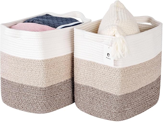 Laughbird Storage Baskets for Clothes Fabric Cotton Rope Storage Basket with Handles, Decorative Woven Basket for Living Room,Closet Organizer Blankets, and 2bags (Gradient Brown, L17.8×W12.5×H17.9)