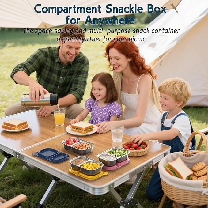 ICEROYCE 3 Pack Stainless Steel Snack Containers with Silicone Lids, Meal Prep Containers, Reusable 2 Compartment Food Storage Containers, Stainless Steel Box for Lunch, Office, Travel