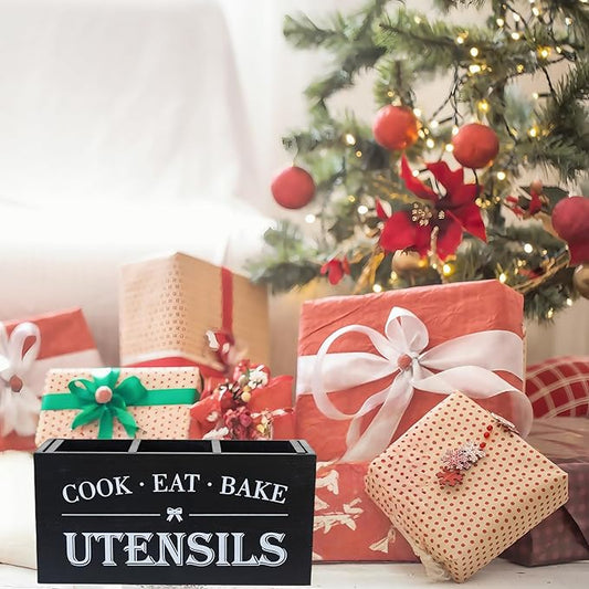 LIBODOUR Utensil Holder,Large Wooden Utensil Holder For Kitchen Counter,Cooking Spatula Organizer,Big Storage Caddy With 3 Compartments Flatware Spoon Tool Cutlery(Black)