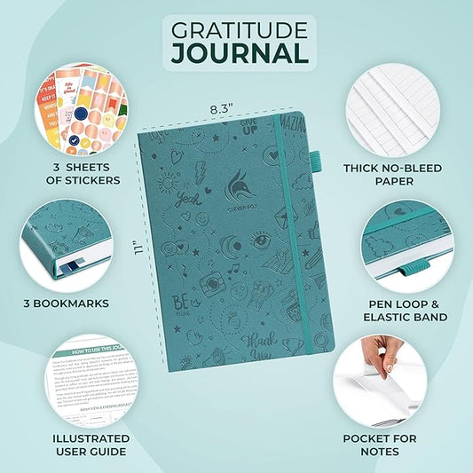 Clever Fox Gratitude Journal Large – Happiness, Positivity & Affirmation Journal – Inspirational Daily Notebook, 3 Months, 8.3x11” (Aquamarine)