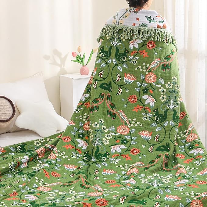 Boho Ultra Soft Throw Blanket 60''x80',100% Cotton Blankets for Couch Bed,Squirrel Farmhouse Home Decor Bed Blankets, All Season Rustic Reversible Bohemian Lightweight Throw for Bed -Light Green 