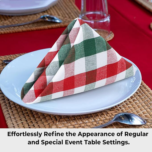 Urban Villa Cotton Dinner Napkins Set of 6, Highly Absorbent 20x20 Inches Premium Cloth Napkins Hotel Quality Reusable & Washable Table Dinner Napkins for Home & Weddings - Red/Green/White, Checks