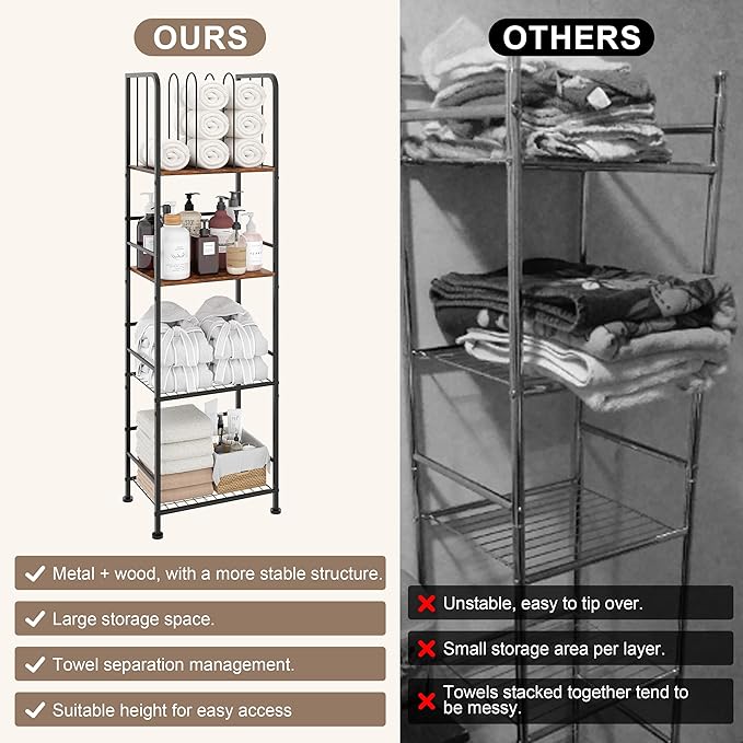 Towel Rack Free Standing 4-Tier M-Shaped Detachable Dividers, Durable Metal Towel Holder, Pool Items Holder, Space-Saving Storage Organizer, Modern Bath Towel Shelf for Bathroom Patent Pending