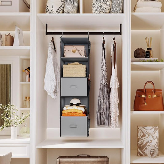 YOUDENOVA Hanging Closet Organizer, 5 Tier Hanging Closet Shelves with Drawers and 6 Side Pockets, Light Grey