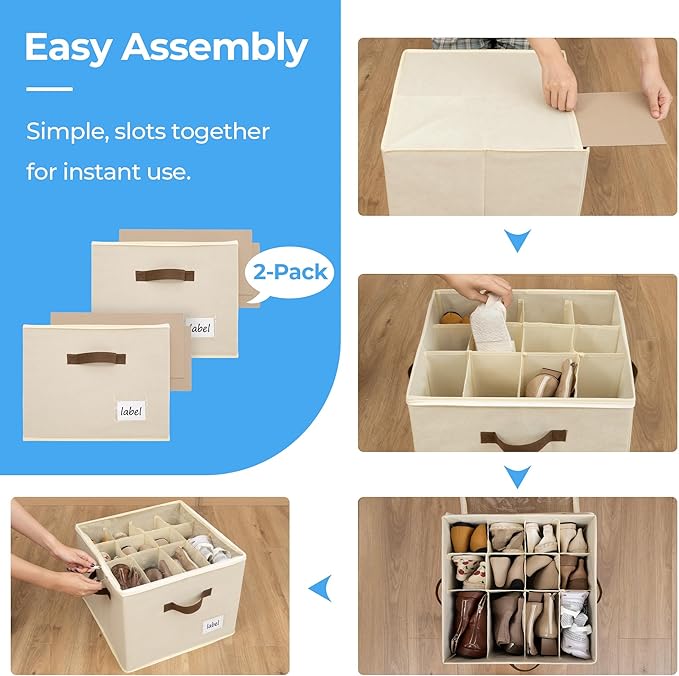 Cupic Cupid 2 Pack Shoe Organizer for Closet, Fits up to 12 Pairs, Shoe Cubby Storage Containers with Clear Cover, Oatmeal