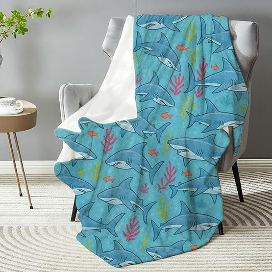 Cartoon Shark Blanket - Plush, Soft, Comfy, Lightweight, Warm, Fuzzy, Cozy Flannel Throw Blanket for Couch, Travel, Bed, Office, Outdoor - 60in×80in