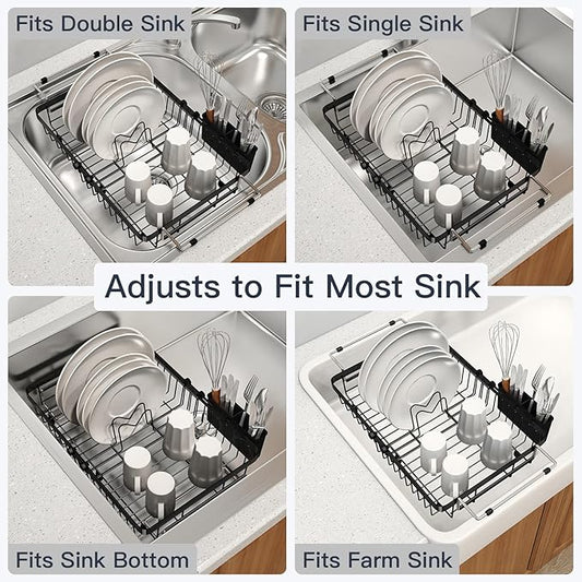 Small Expandable Over The Sink Dish Drainer Drying Rack In Stainless Steel Metal For Kitchen, Counter Space Saving Compact Above Plate Dryer Strainer, Adjustable Hanging Inside Sink Wire Drain Holder