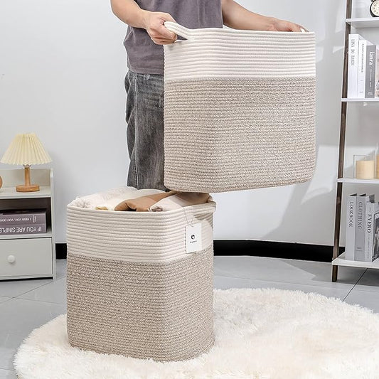 Laughbird Tall Storage Baskets for Clothes Fabric Cotton Rope Storage Basket bin with Handles, Decorative Woven Basket for Living Room,Closet Organizer Blankets, and 2bags Brown 17.8×W12.5×H17.9)