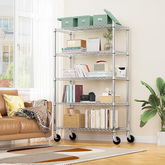 M MZG 5-Shelf Storage Shelves,Wire Shelving Heavy Duty Metal Storage Shelving Unit Adjustable Garage Shelving Rack Pantry Kitchen (Chrome, 5 Tier,17.7" D x 47.2" W x 76.7" H)