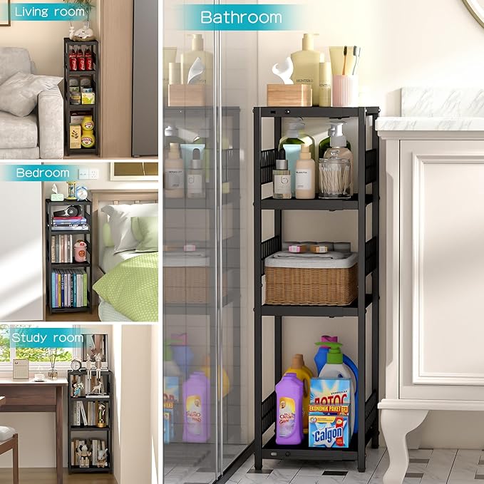 DAOUTIME Expandable Slim Storage Shelf, 4 Tier Metal Shelving Unit for Bathroom Storage Organizer, Freestanding Narrow Shelf for Small Spaces, Open Floor Shelves for Bathroom, Laundry Room, Kitchen