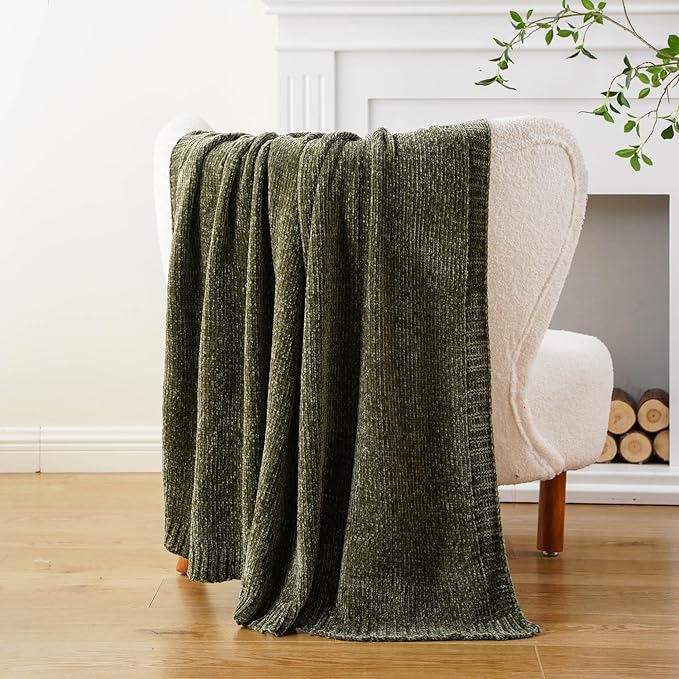 BATTILO HOME Olive Green Chenille Throw Blanket for Couch, Cozy Knit Throw Blanket for Bed Sofa Outdoor, Super Soft Warm Green Blankets Chenille Blankets for Home Decor, 51"x67"