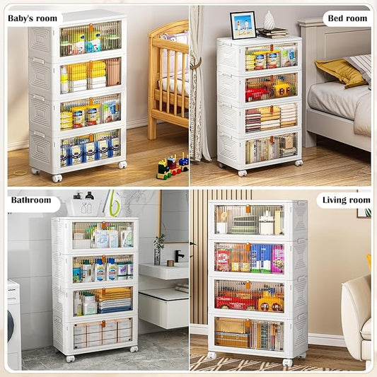 YFXCVSL 4 Tier Plastic Storage Bins with Lid 35QT, Stackable Storage Containers with Wheels, Folding Boxes, Collapsible Bins, Closet Organizers and for Living Room,Office,Dorm