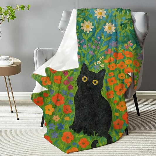 Black Cat in Flowers Blanket, Soft Lightweight Warm Cozy Flannel 80×60 inch Throw Blanket for Couch, Travel, Bed, Outdoor, Gifts for Women Men Adults Kids