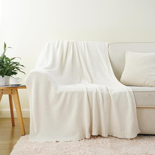 BATTILO HOME White Chenille Throw Blanket for Couch, Knit Cream Chenille Blanket for Bed, Sofa, Home Decor, Soft Warm Ivory Throw Blankets for Farmhouse,51"x67"