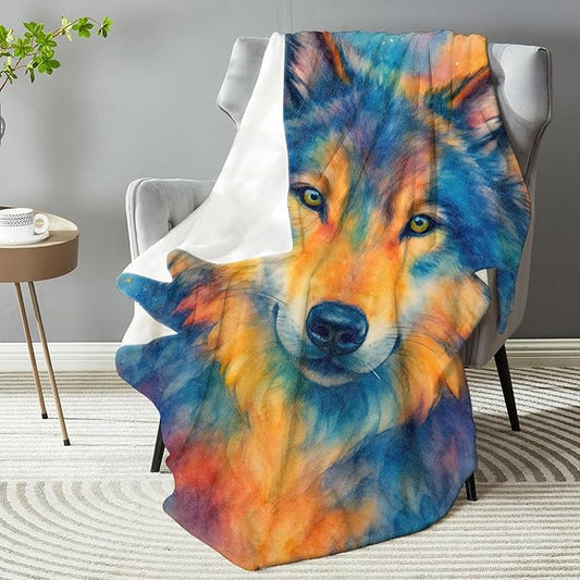 Colorful Watercolor Wolf Blanket, Soft Lightweight Warm Cozy Flannel 80×60 inch Throw Blanket for Couch, Travel, Bed, Outdoor, Gifts for Women Men Adults Kids